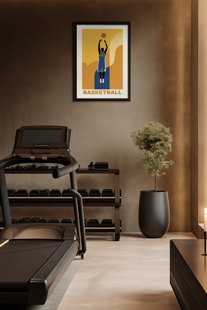 Minimalist basketball player poster displayed in a stylish home gym interior