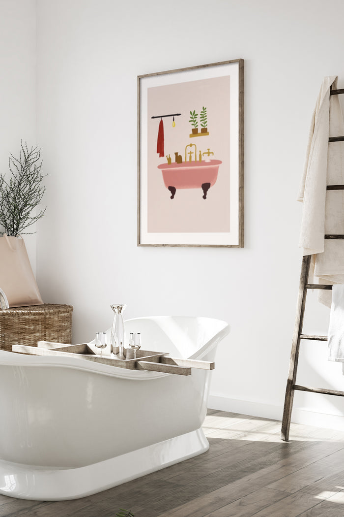 Modern bathroom interior with decorative poster featuring a bathtub and plant illustration
