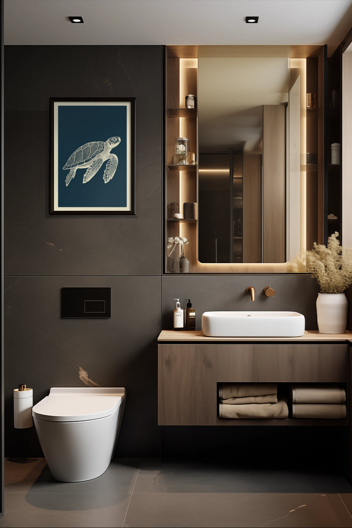 Elegant modern bathroom design featuring a framed turtle artwork poster on the wall
