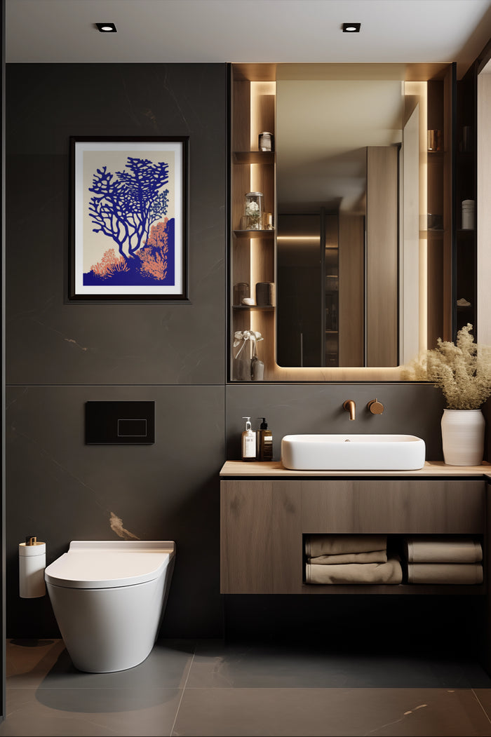 Contemporary luxury bathroom design featuring stylish marine-inspired artwork with blue and orange coral motif