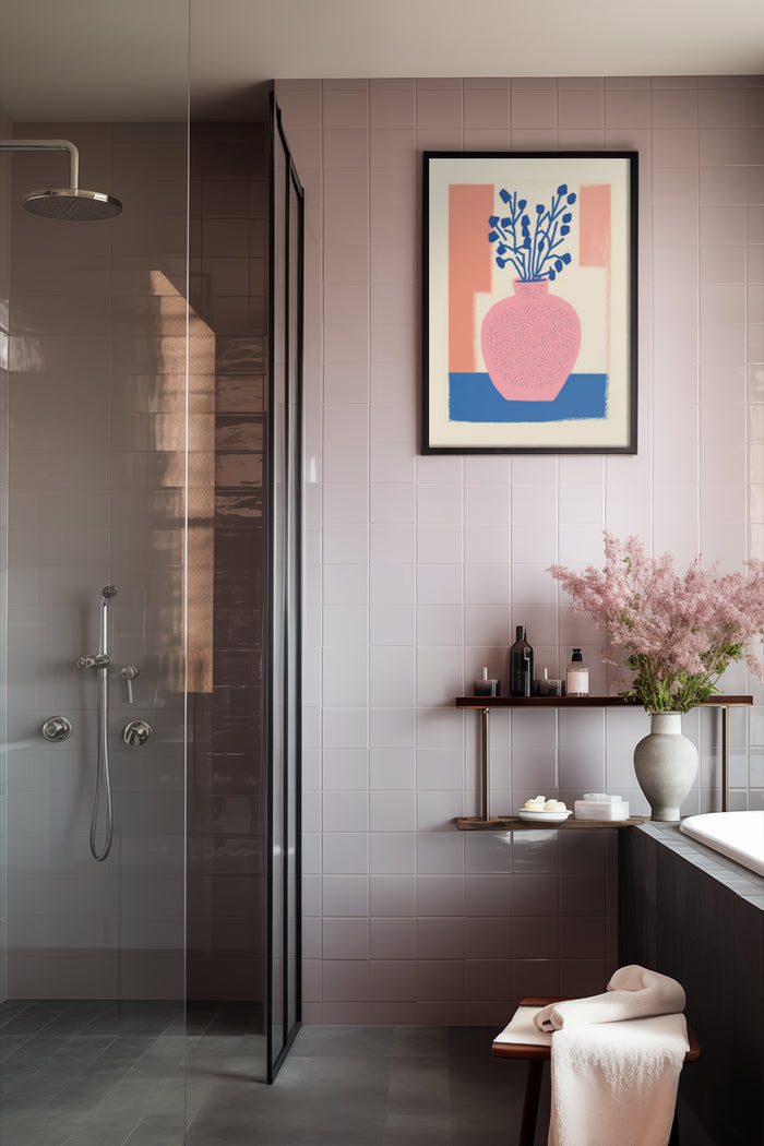 Elegant modern bathroom design with a framed abstract pink vase and blue floral artwork poster on the wall