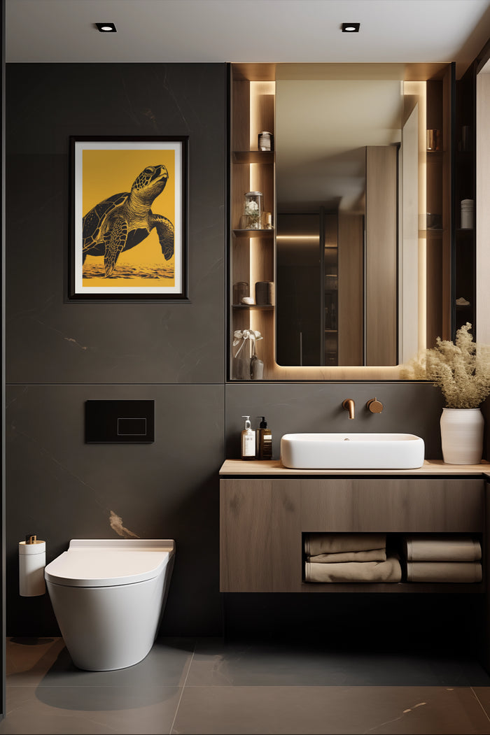 Contemporary bathroom design with wall-mounted turtle poster in a black frame on yellow background