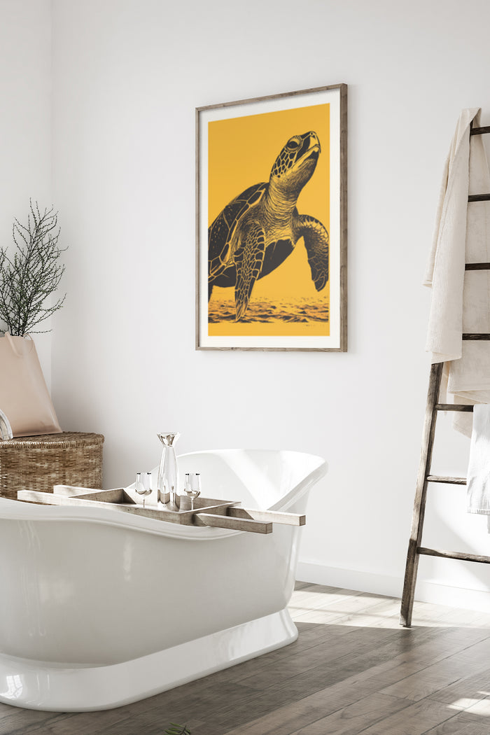 Elegant bathroom interior with sea turtle artwork poster on the wall