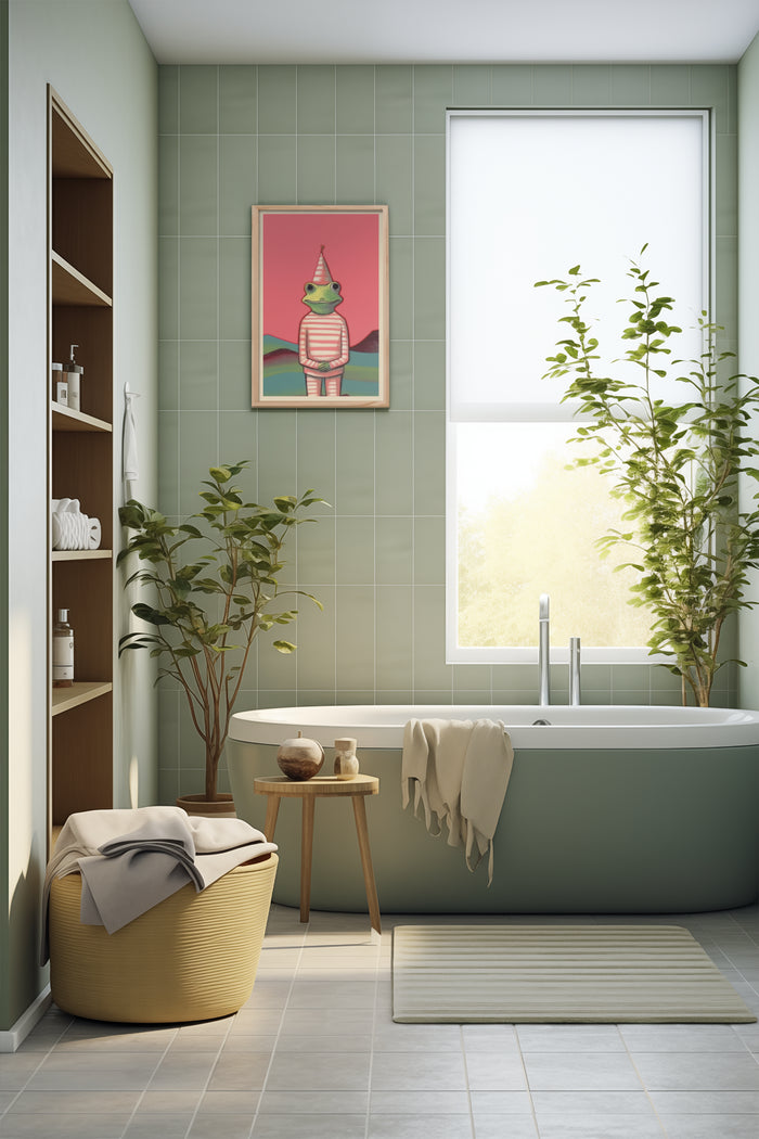 Stylish modern bathroom interior with quirky frog character artwork decorated poster on the wall