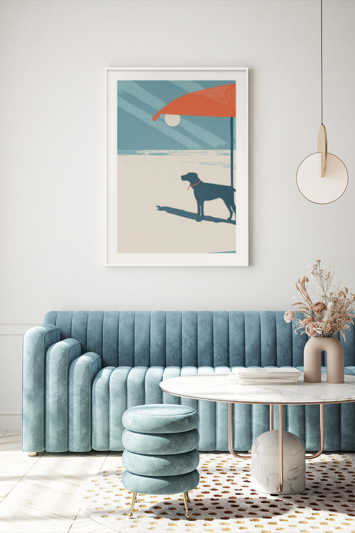 Modern art print featuring a silhouette of a dog under a beach umbrella