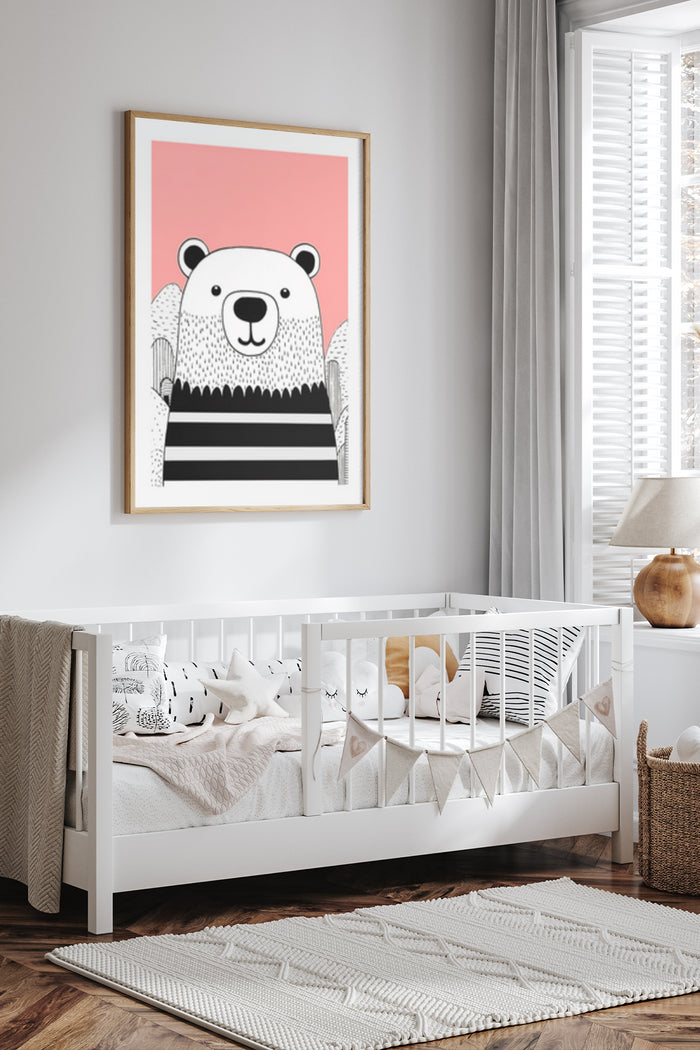 Stylish modern bear illustration poster in a children's bedroom setting