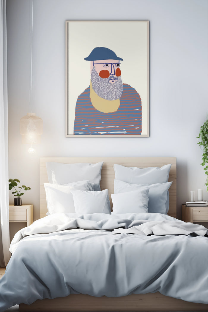 Contemporary styled bedroom featuring a poster of a modern bearded man with glasses and a cap