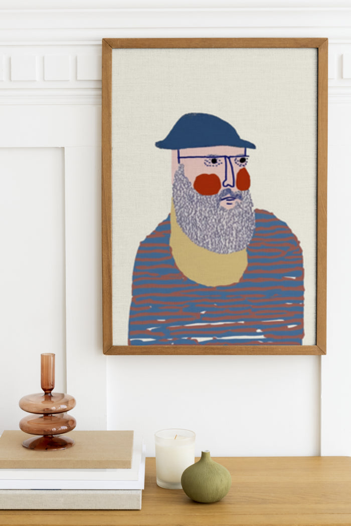 Contemporary art poster of a bearded man with a blue hat and sunglasses in a styled room