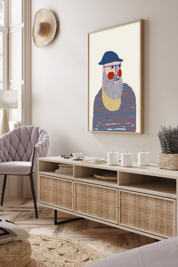 Contemporary illustrated poster of a man with a beard wearing a hat and sunglasses displayed in a stylish living room