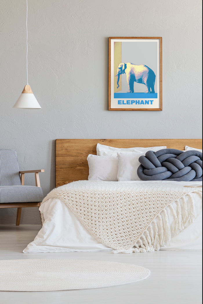 Contemporary bedroom interior with a framed poster of an elephant, decorative pillows, and stylish pendant light