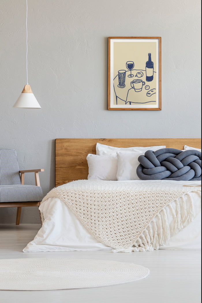 Contemporary bedroom with wall art depicting wine and glasses, cozy white bedding, and minimalist furniture