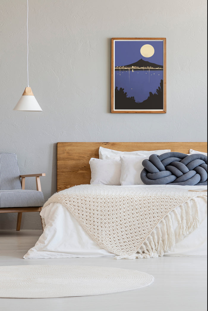 Contemporary bedroom interior design featuring a minimalist night-sky poster with moon and bridge silhouette