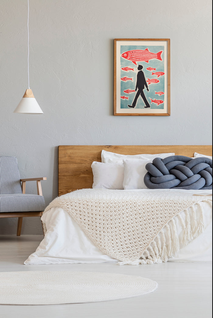 Contemporary bedroom interior design showcasing a wall art poster with a man walking among red fish