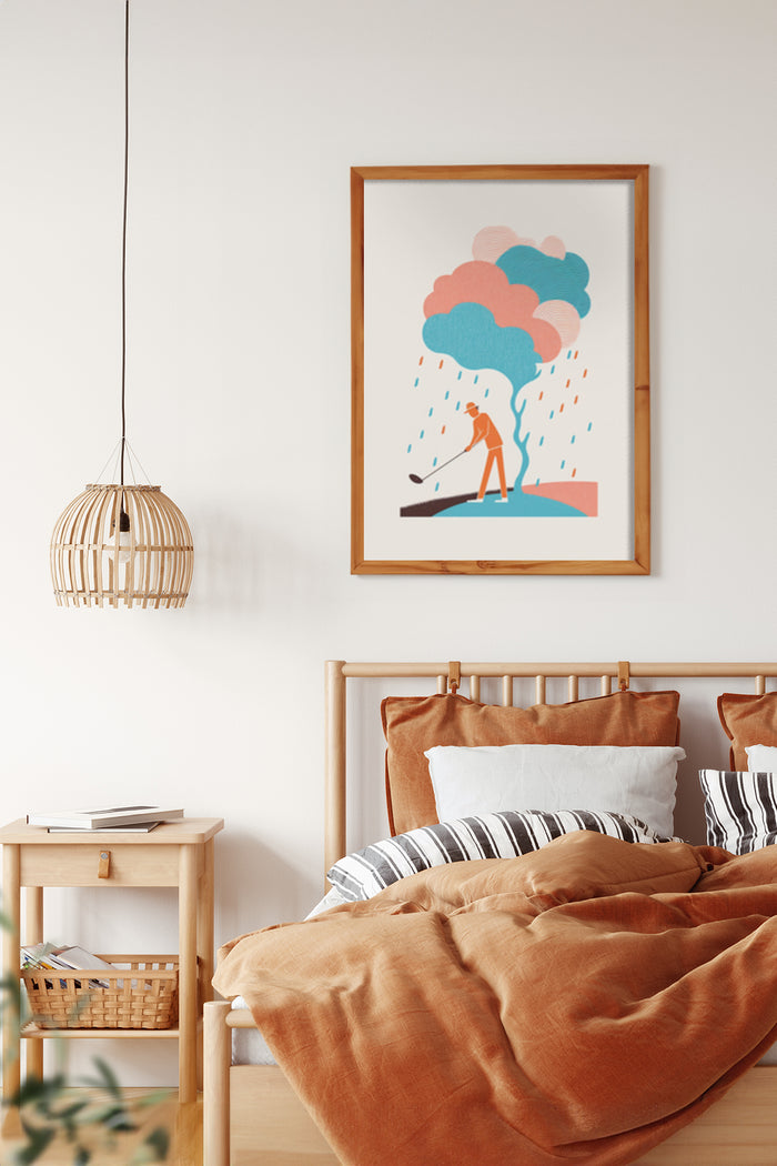 Contemporary bedroom interior with framed poster art of stylized woman holding an umbrella under a cloud