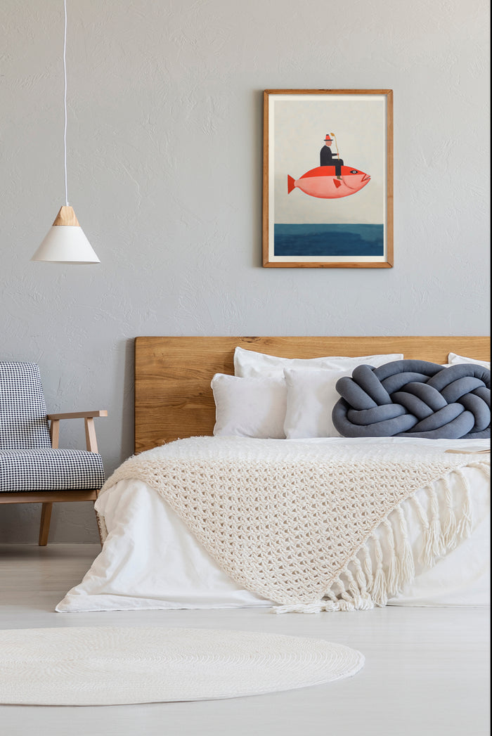 Stylish interior design of a modern bedroom featuring a surrealist poster with a fisherman riding a fish