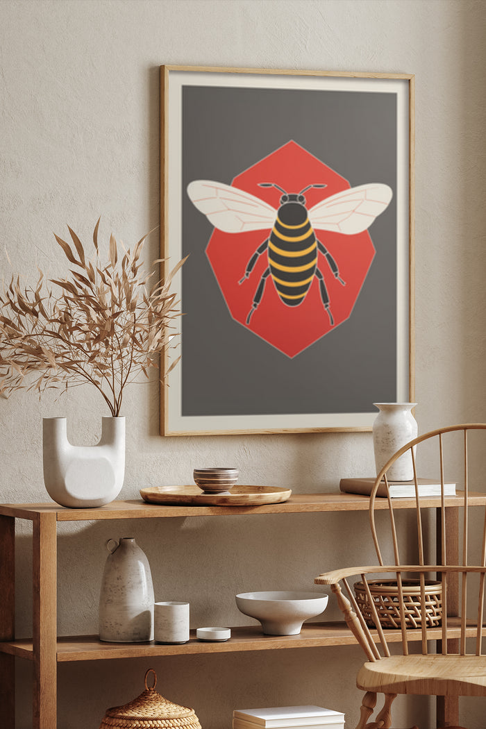 Contemporary geometric bee design poster framed on a wall in a stylish home decor setting
