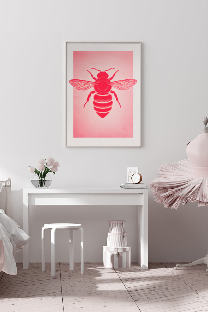 Contemporary bee illustration poster with a vibrant pink background displayed in a stylish home interior