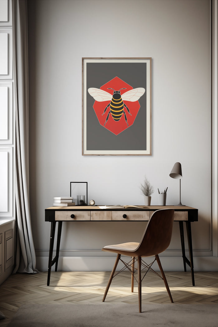 Stylish interior with modern bee artwork poster on wall