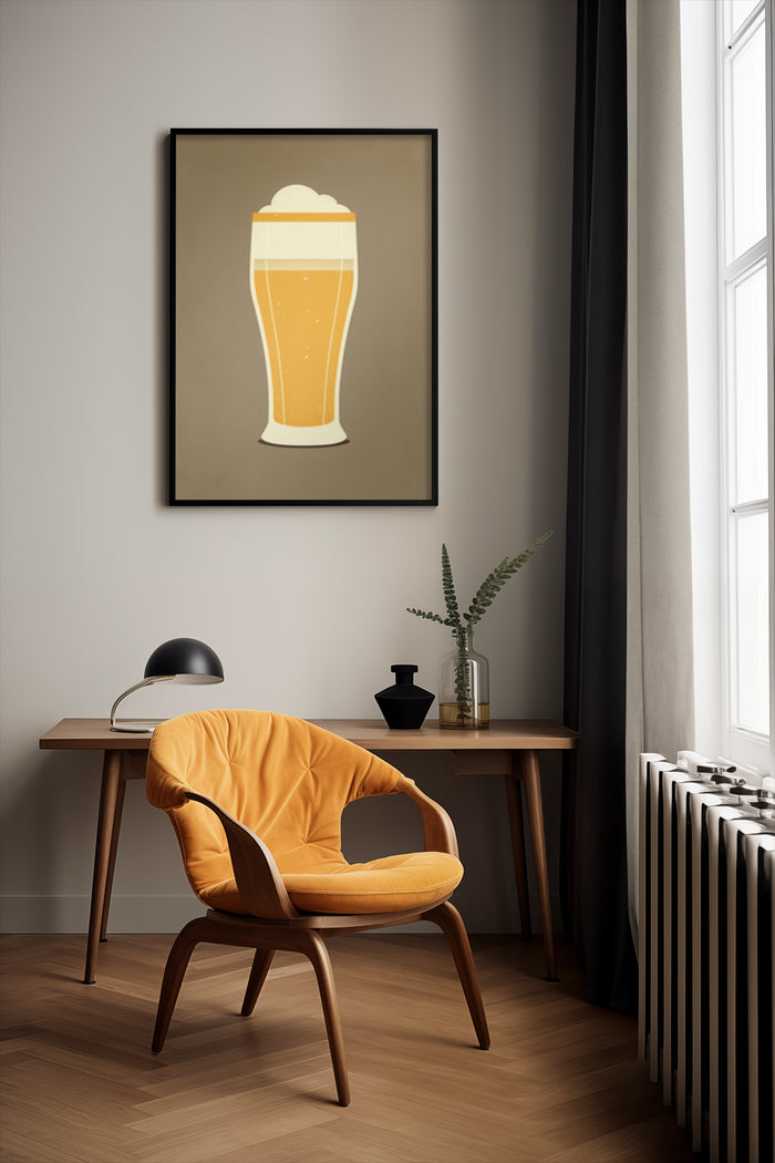 Modern beer glass artwork poster in stylish interior setting