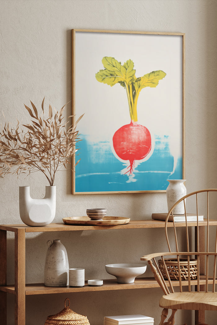 Contemporary still-life illustration of a beetroot on a poster, displayed on a wall in a stylish room with decorative objects