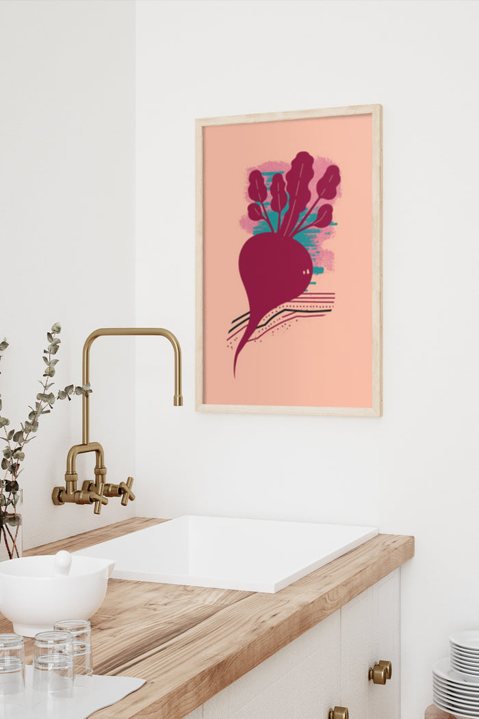 Contemporary beetroot illustration poster framed in a stylish kitchen interior