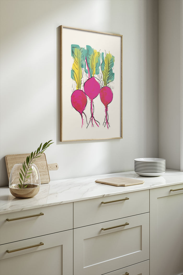 Modern beetroot illustration poster framed in kitchen setting, bright vegetable art for contemporary home decor
