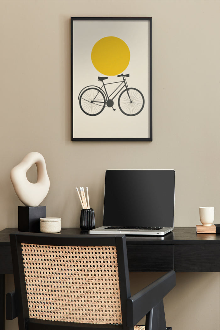 Minimalist modern bicycle wall art poster with yellow sun circle, stylish office decor