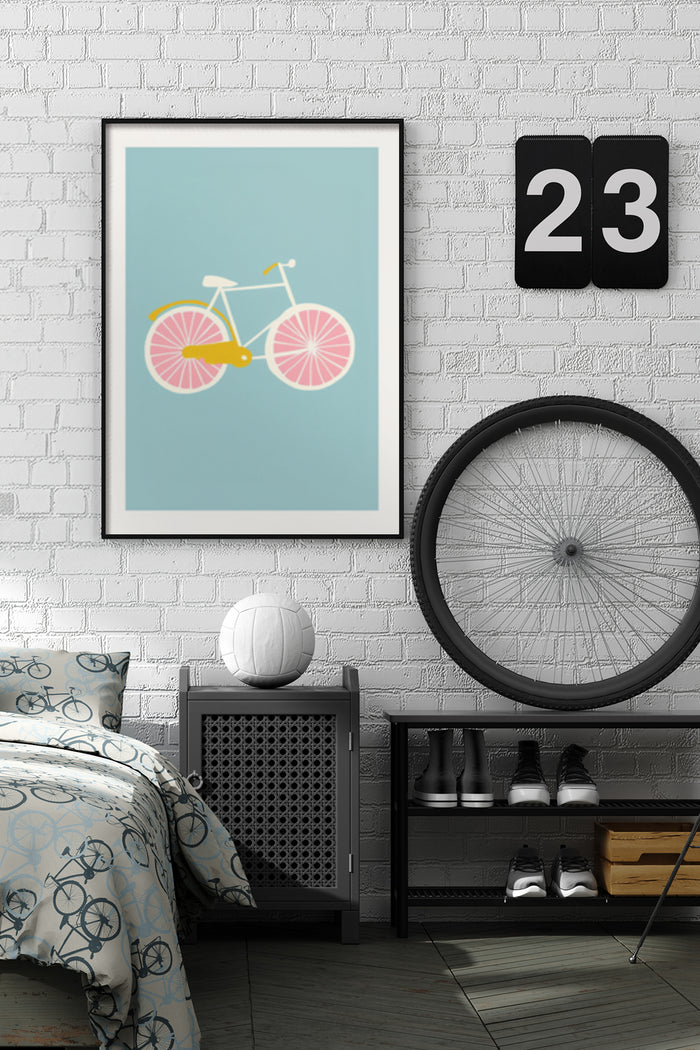 Contemporary bicycle poster artwork on bedroom wall