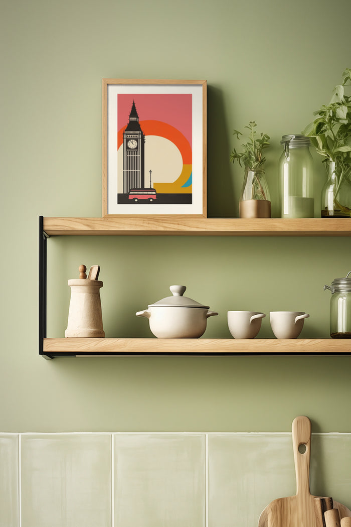 Modern Big Ben Poster Artwork Displayed on Wooden Shelf in Contemporary Kitchen