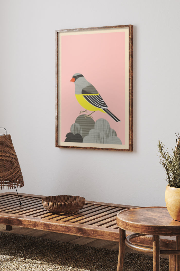 Stylish modern bird illustration poster framed on a wall above a wooden bench with decorative elements in a contemporary home setting