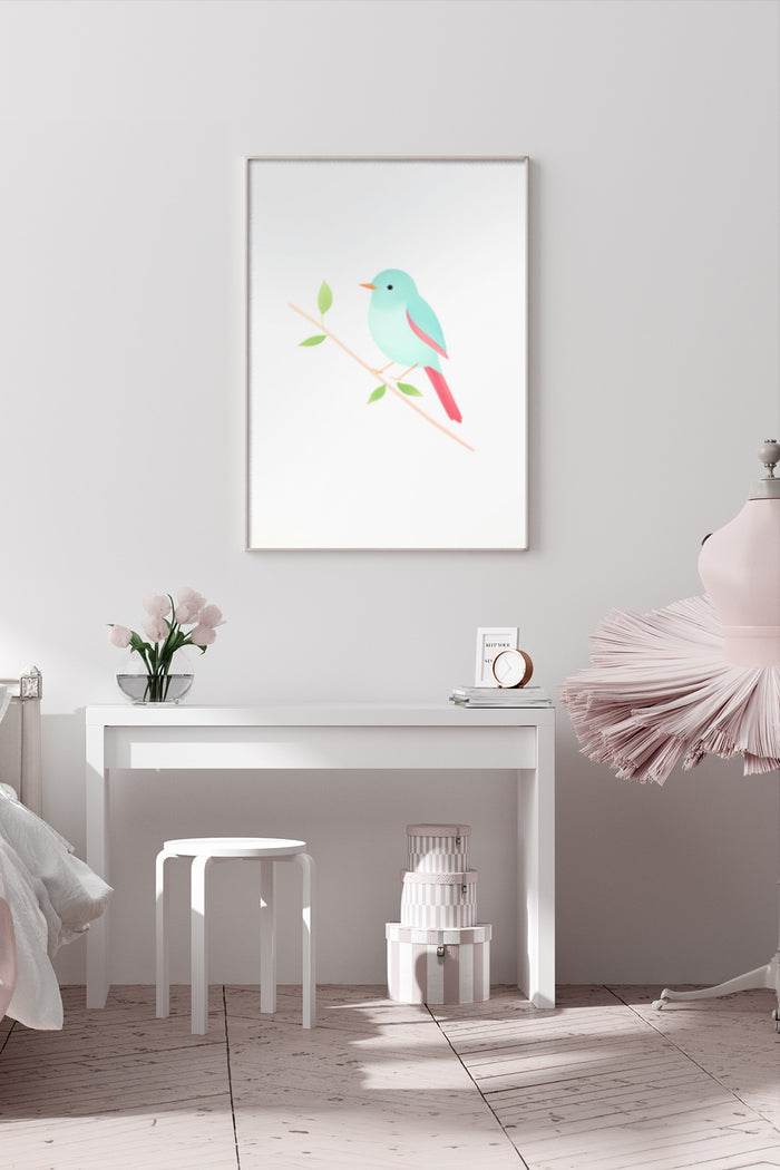 Contemporary pastel-colored bird illustration on poster hanging above a white console table in a chic bedroom with natural light