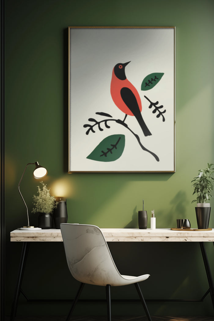 Stylish modern bird artwork poster in a contemporary home office setting