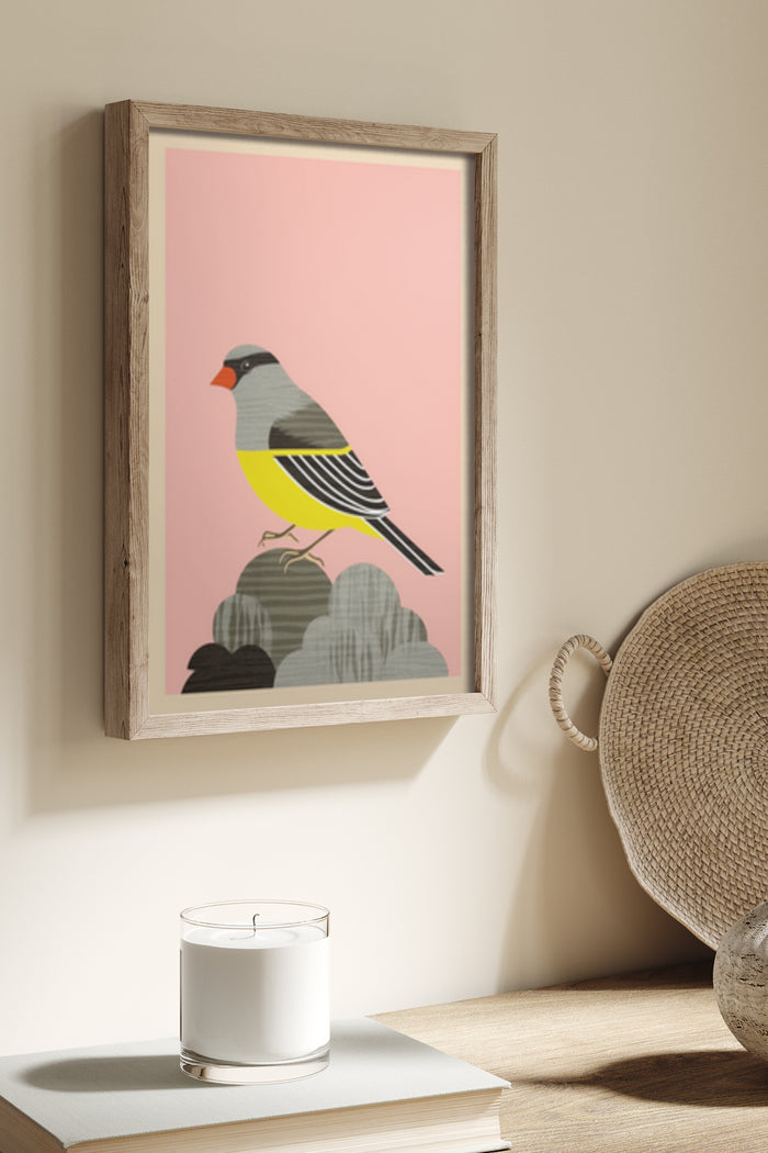 Framed modern bird illustration with pink background, stylish interior decor