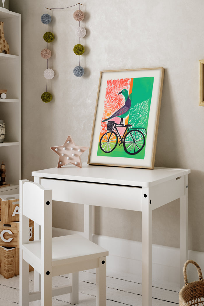 Abstract modern art poster featuring a bird on a bicycle in a stylish children's room setting