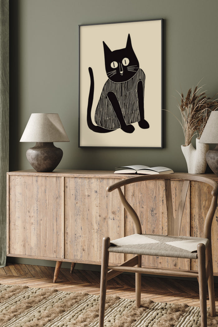 Stylish modern black cat illustration poster framed on a green wall above a wooden sideboard with decorative items