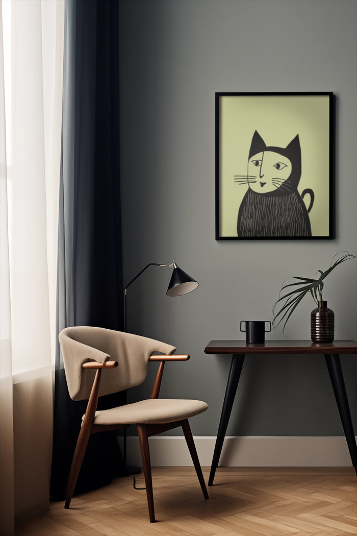 Stylish interior with modern black cat artwork framed poster, design chair, and elegant table lamp