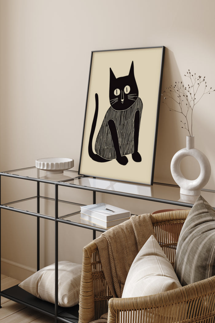 Modern black cat artwork on poster displayed in a contemporary interior setting