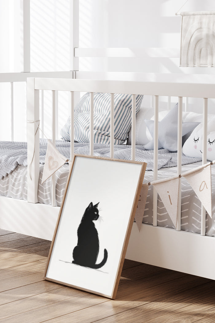 Silhouette of a black cat on a white background in a stylish nursery room setting