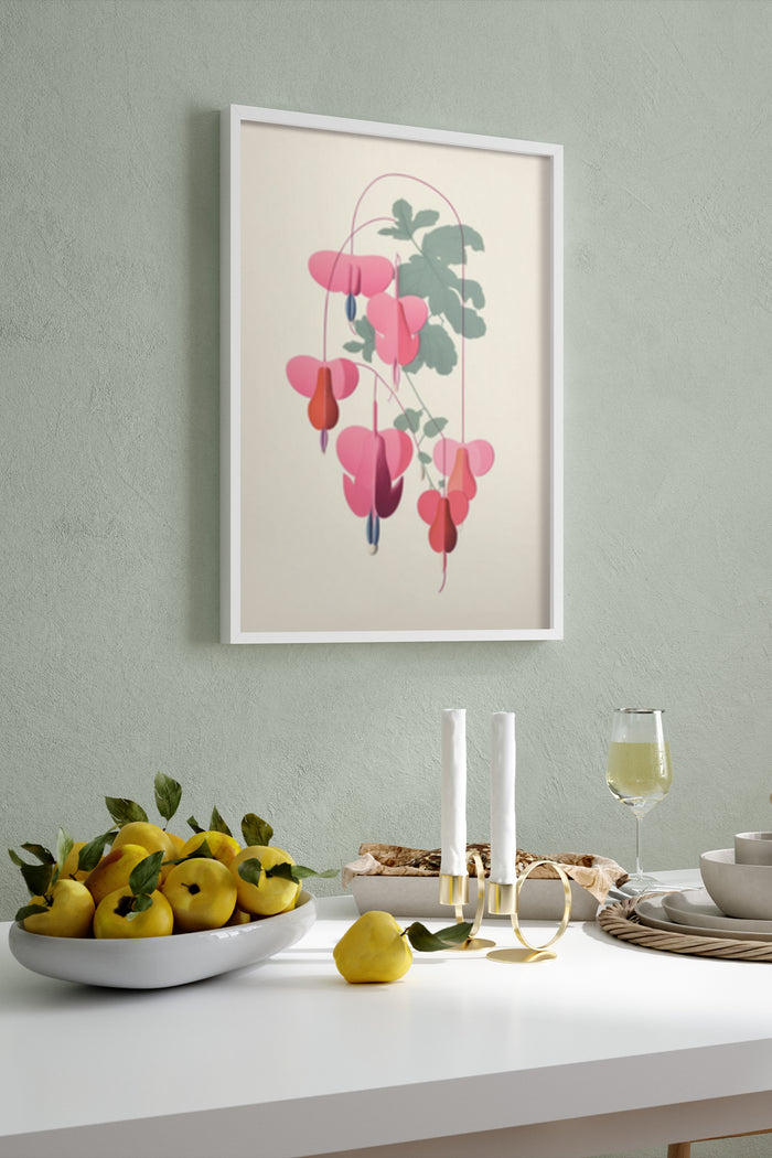 Stylish modern artwork of bleeding heart flowers in a poster frame on a wall, perfect for contemporary home decoration