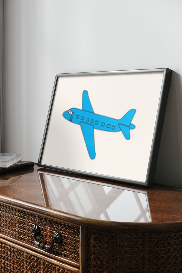 Stylish modern art illustration of a blue airplane displayed in a poster frame