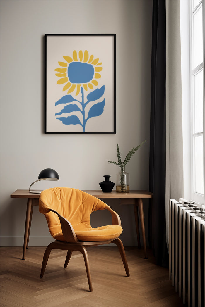 Modern style artwork of a blue and yellow sunflower poster in stylish interior