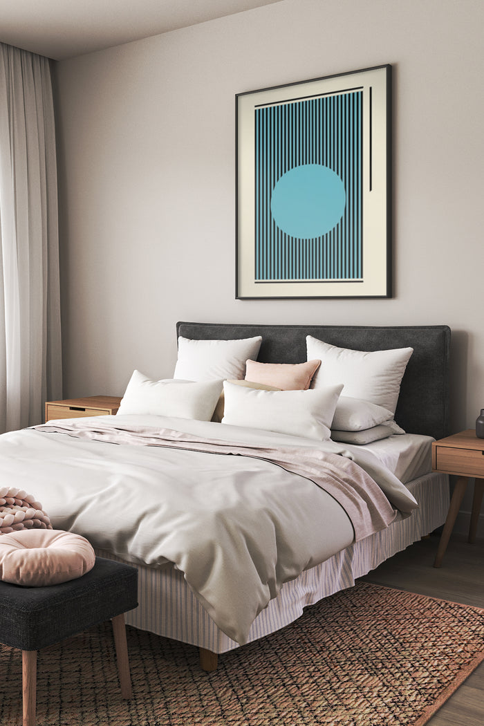 Contemporary blue circle and stripes poster above bed in stylish bedroom decor