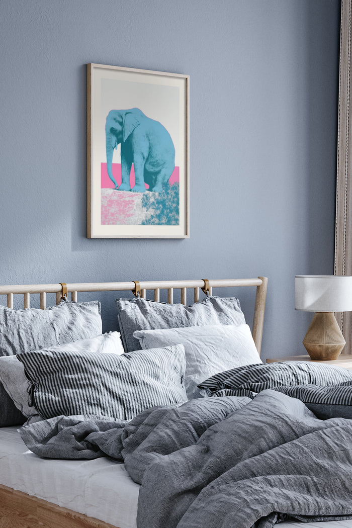 Contemporary blue and pink elephant artwork displayed on a bedroom wall