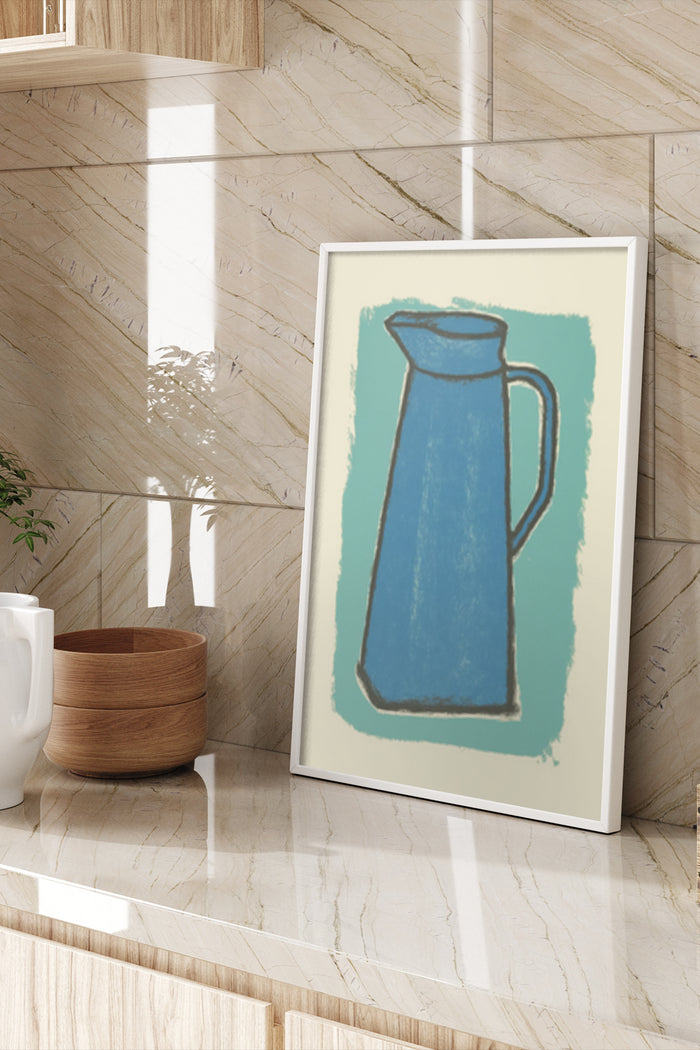 Modern blue jug poster art displayed in a contemporary home interior with marble wall and wooden decor