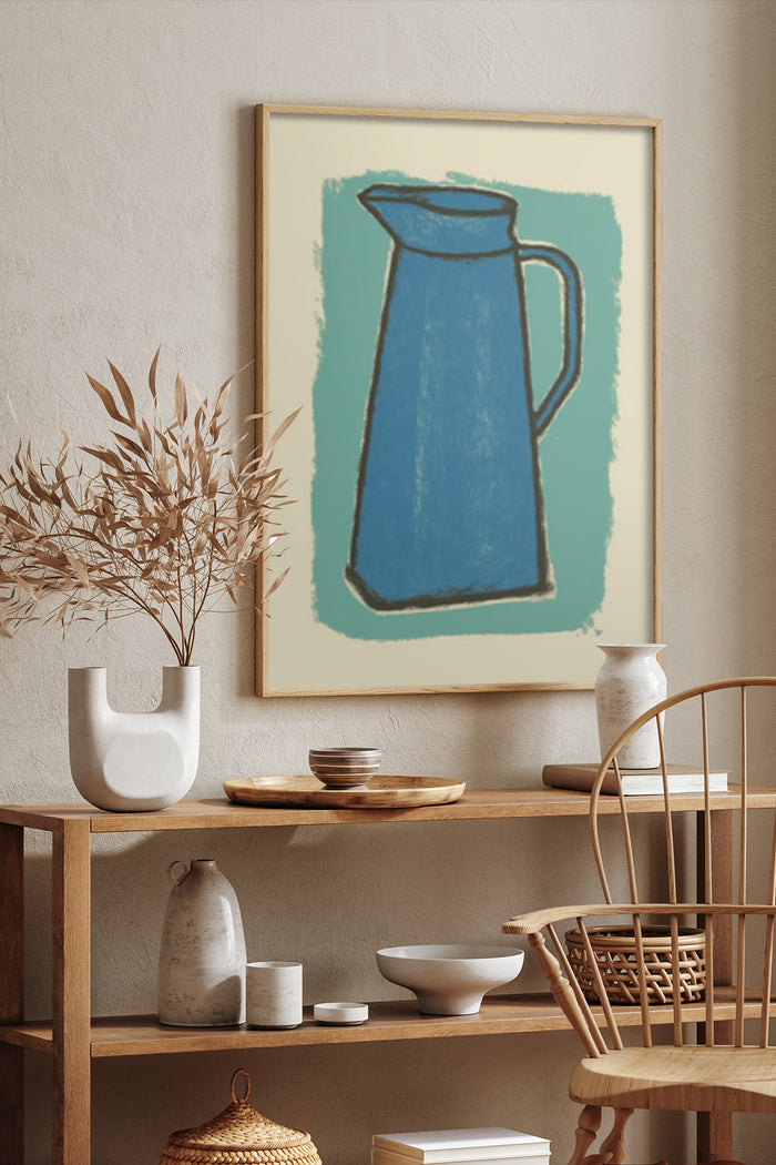 Modern blue pitcher artwork poster on a beige wall as part of stylish interior home decor