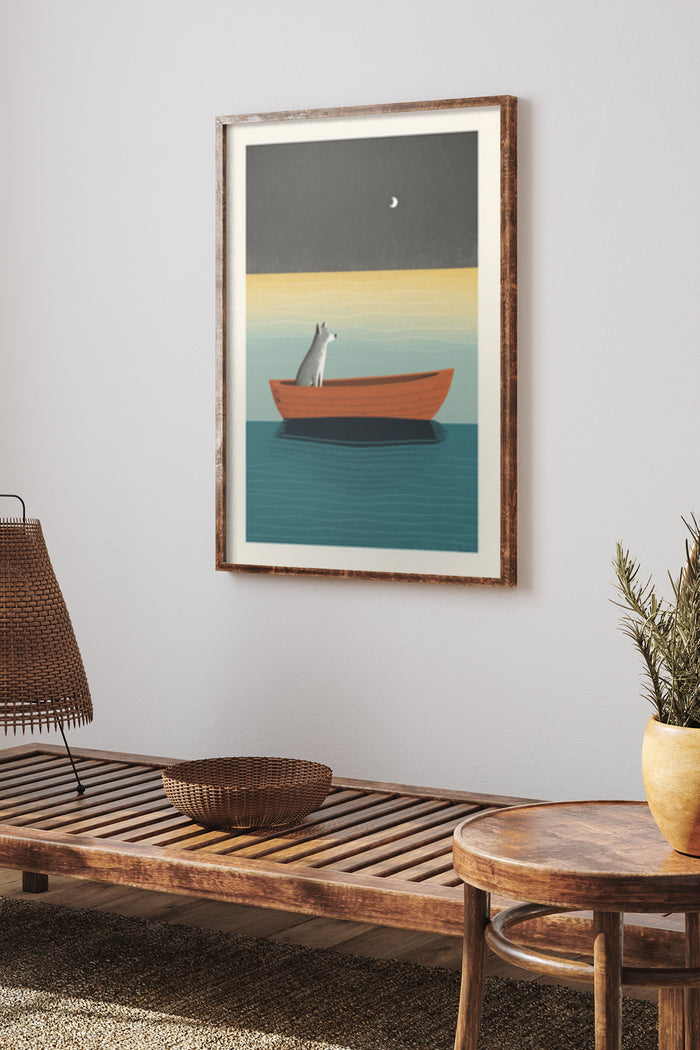 Modern minimalist art poster featuring a cat in a boat under moonlight in a stylish interior