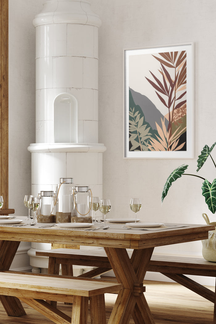 Contemporary botanical poster design displayed in stylish dining room setting with wooden table and white wine glasses