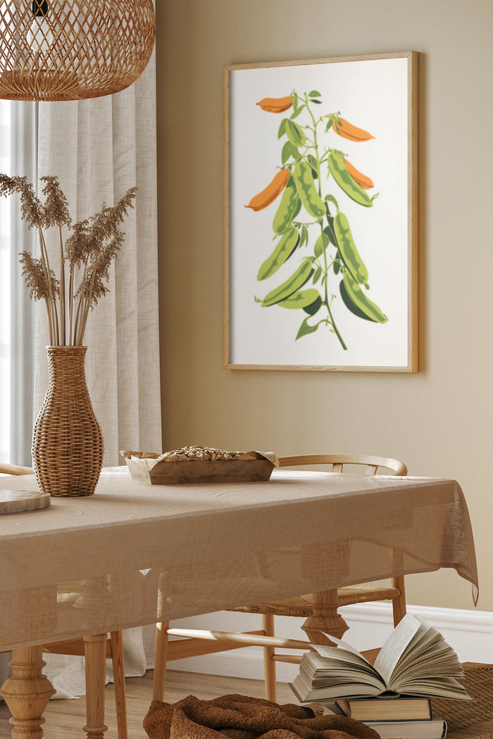 Contemporary Botanical Art Poster of Pea Pods in a Stylish Dining Room Setting