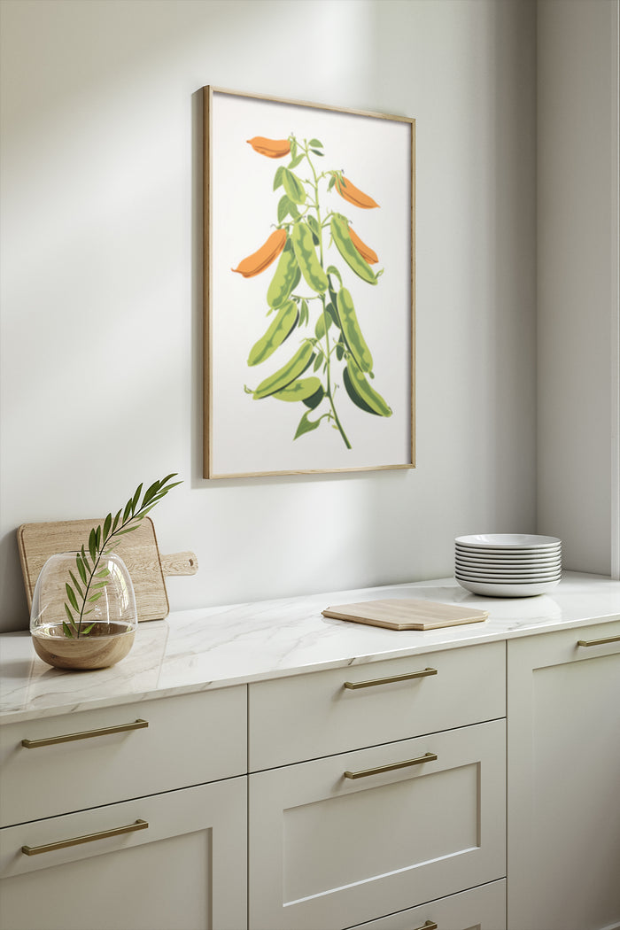 Modern botanical illustration of peas in a pod framed art print in a clean kitchen setting