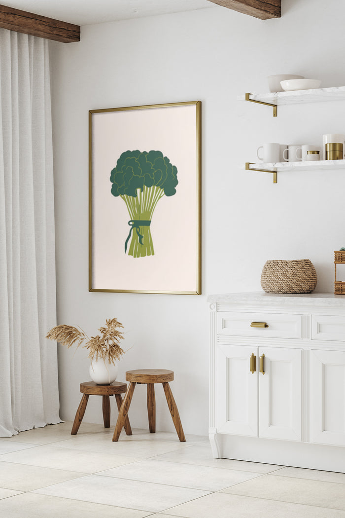 Modern minimalist broccoli artwork poster in a kitchen interior setting